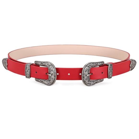 B-Low the Belt Accessories - B-Low The Belt Bri Bri Red Leather Silver Western Style Double Silver Buckle